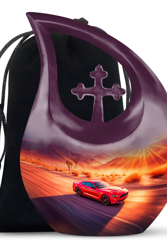 Rose Pink Car Cremation Urn top-down view of secure threaded lid - sacred cross merged with car motif on metal - full-size 10 inch 200 cubic inch adult cremation urn