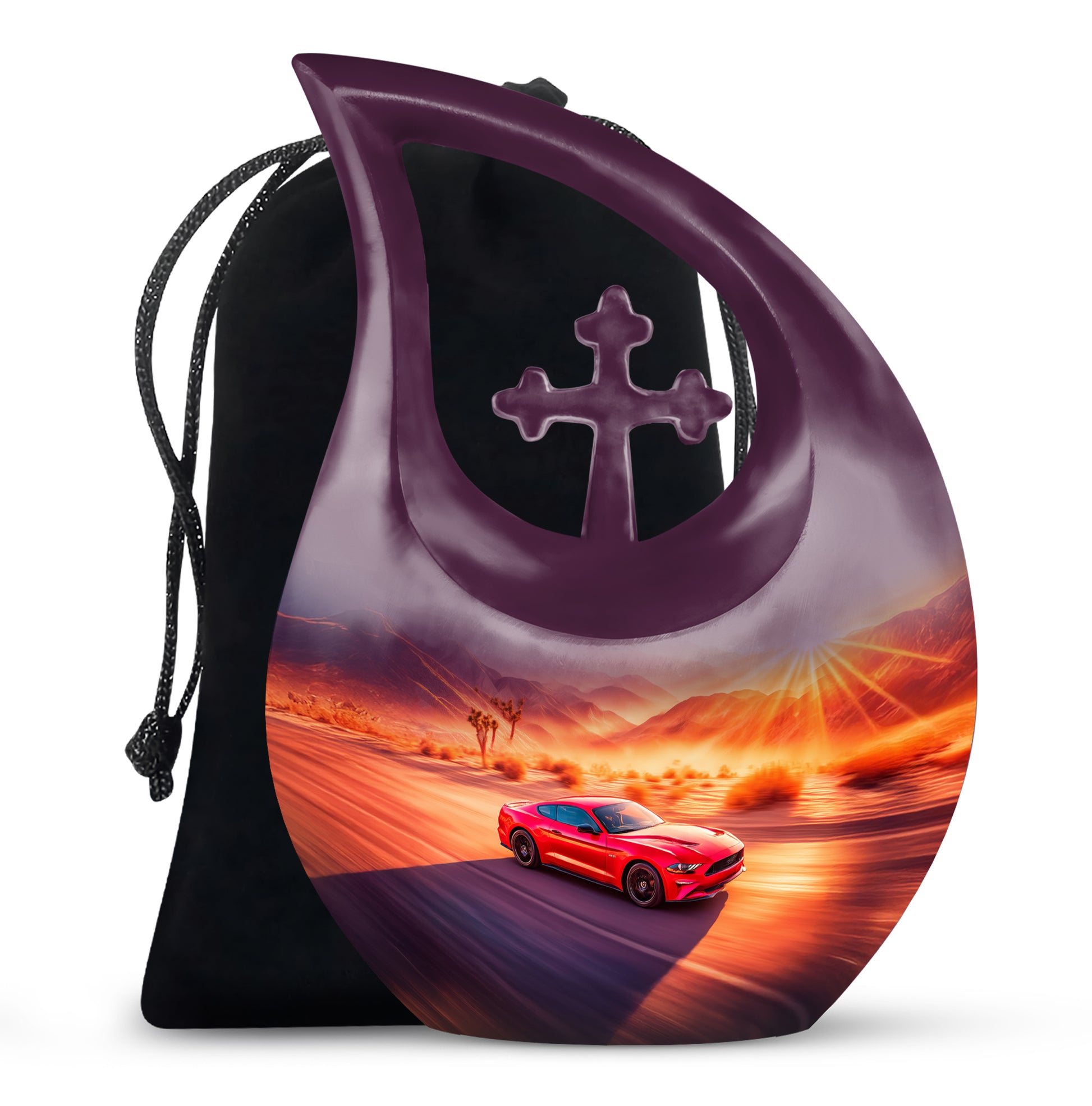 Rose Pink Car Cremation Urn top-down view of secure threaded lid - sacred cross merged with car motif on metal - full-size 10 inch 200 cubic inch adult cremation urn