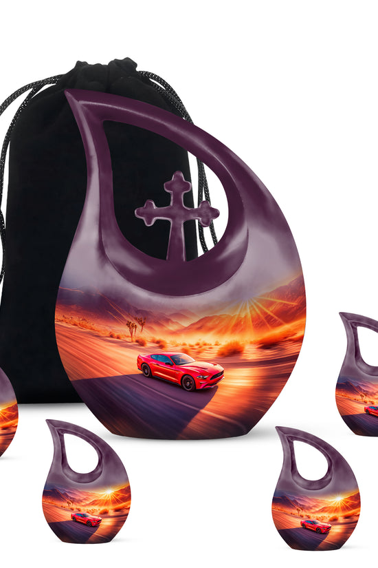 Vintage Pink Car Cremation Urn urn with complimentary velvet bag - devotional cross-drop car engraving - memorial set with one large and four small urns