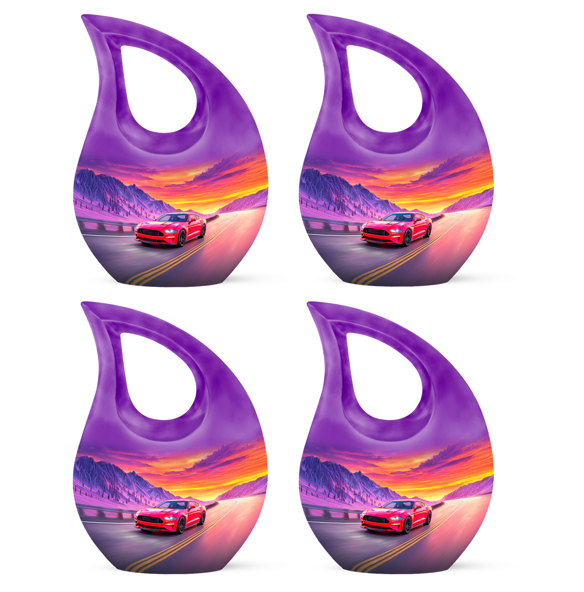 Celestial Blue Car Cremation Urn lifestyle display on memorial shelf - cross and car combined in spiritual memorial design - 10 inch aluminum urn for cremated remains