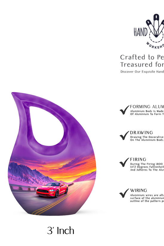 Calming Blue Car Cremation Urn back view with polished surface - faith-inspired cross-drop urn with car pattern - mini keepsake memorial for portion of cremation ashes