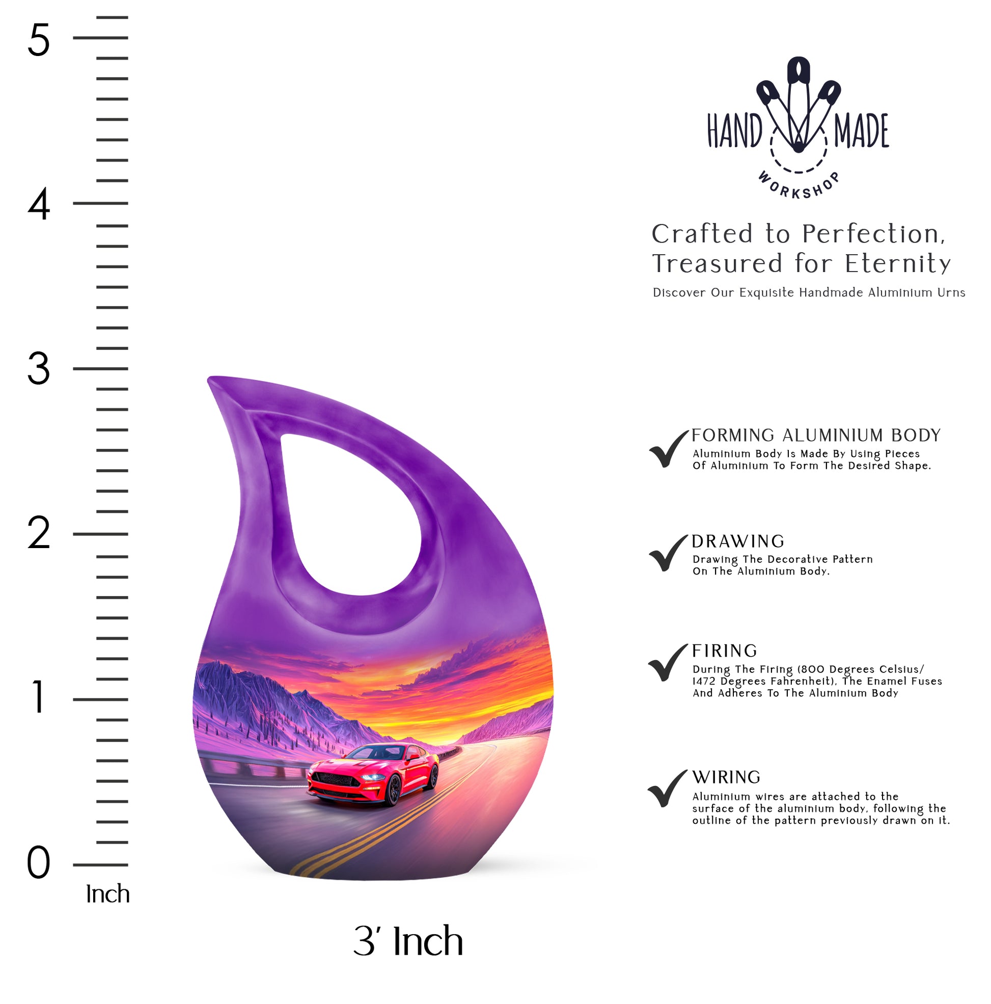 Calming Blue Car Cremation Urn back view with polished surface - faith-inspired cross-drop urn with car pattern - mini keepsake memorial for portion of cremation ashes