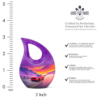 Calming Blue Car Cremation Urn back view with polished surface - faith-inspired cross-drop urn with car pattern - mini keepsake memorial for portion of cremation ashes