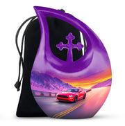 Powder Blue Car Cremation Urn top-down view of secure threaded lid - cross and car combined in spiritual memorial design - full-size 10 inch 200 cubic inch adult cremation urn