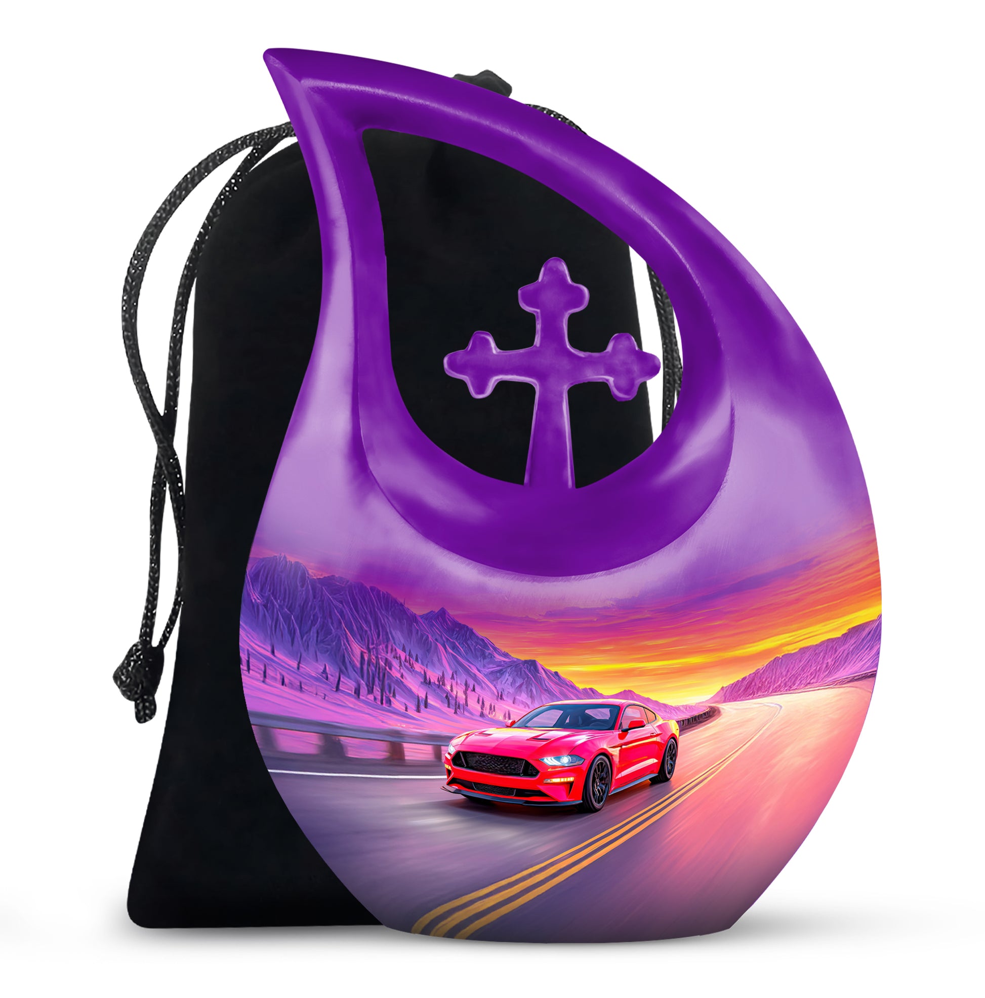Powder Blue Car Cremation Urn top-down view of secure threaded lid - cross and car combined in spiritual memorial design - full-size 10 inch 200 cubic inch adult cremation urn