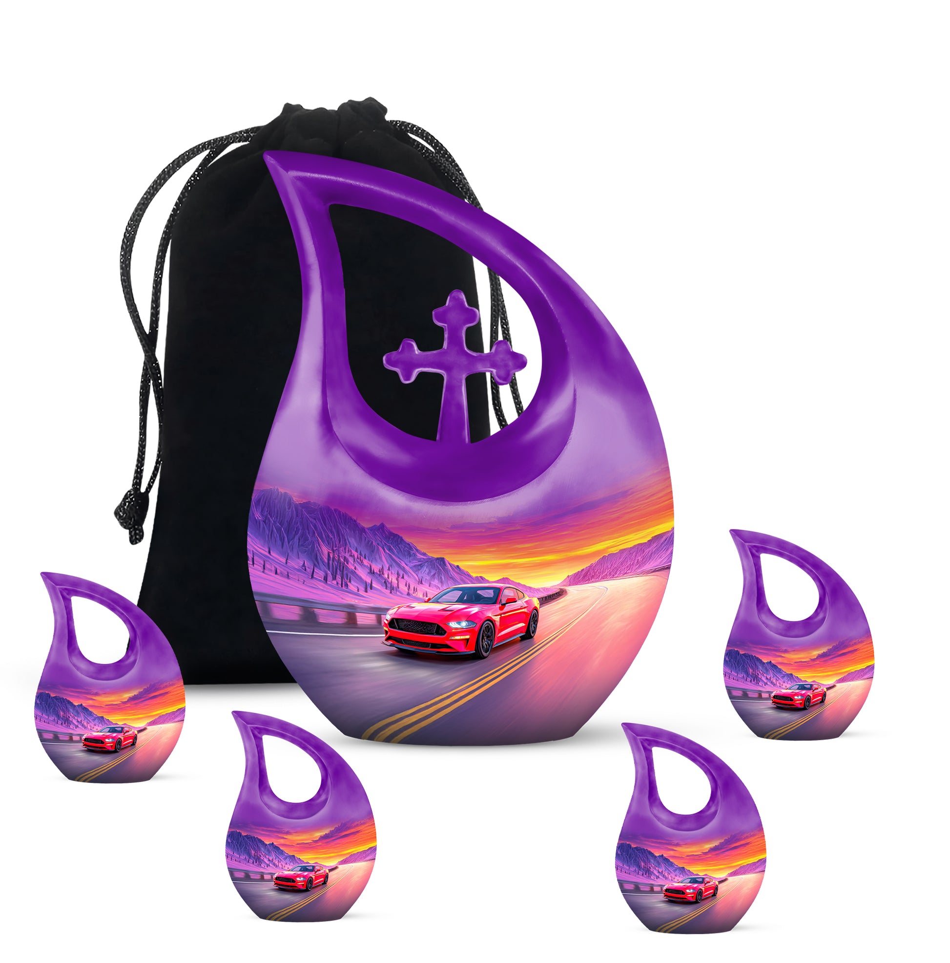 Slate Blue Car Cremation Urn urn with complimentary velvet bag - cross and car combined in spiritual memorial design - memorial set with one large and four small urns