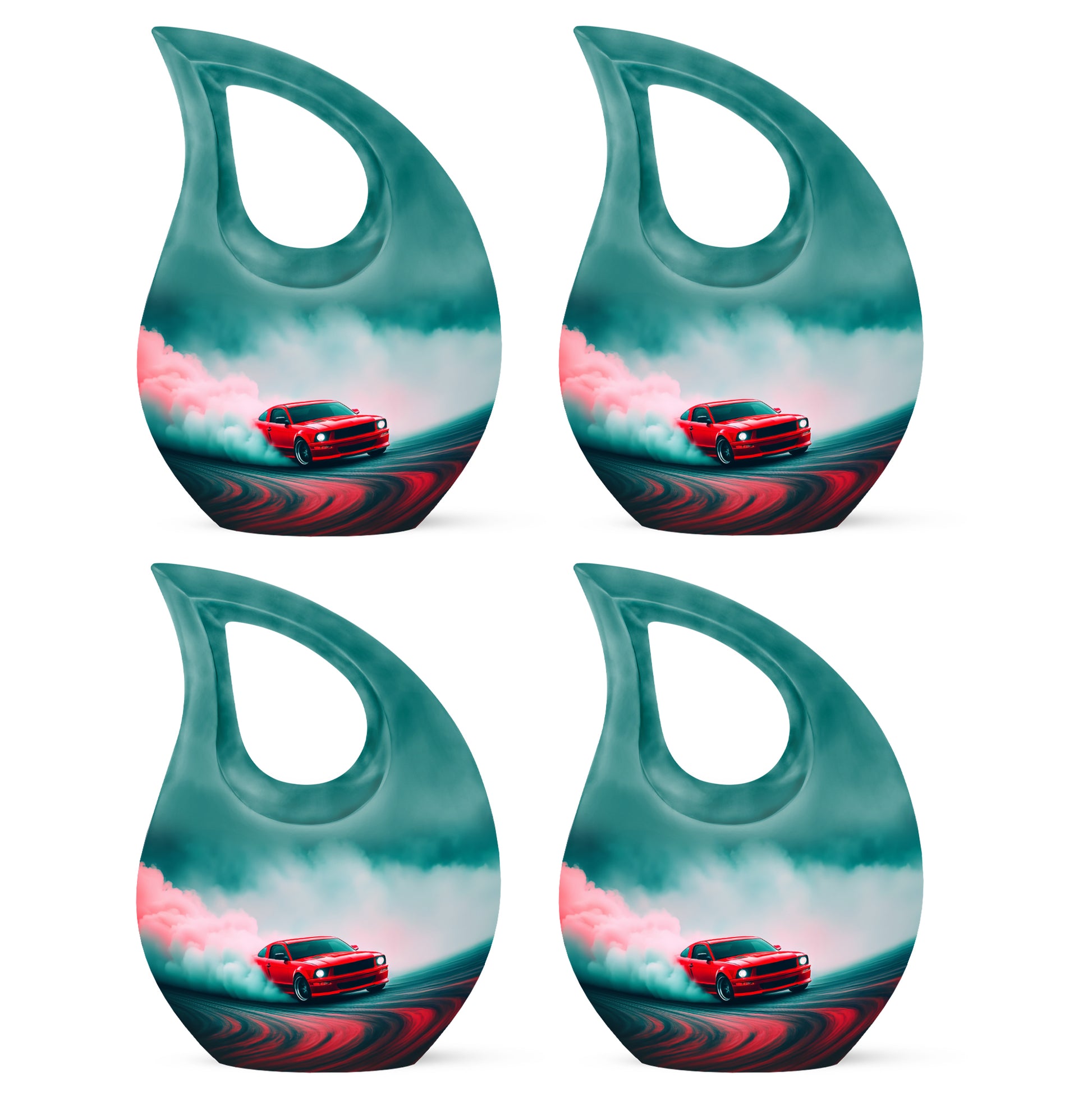 Sea Green Teal Car Cremation Urn lifestyle display on memorial shelf - cross and car combined in spiritual memorial design - 10 inch aluminum urn for cremated remains