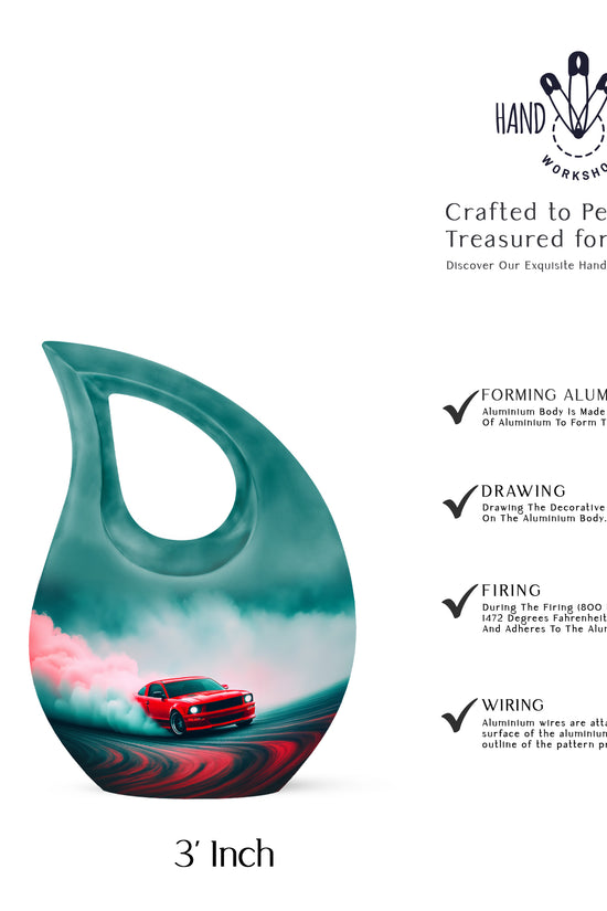 Mystic Teal Car Cremation Urn back view with polished surface - devotional cross-drop car engraving - mini keepsake memorial for portion of cremation ashes