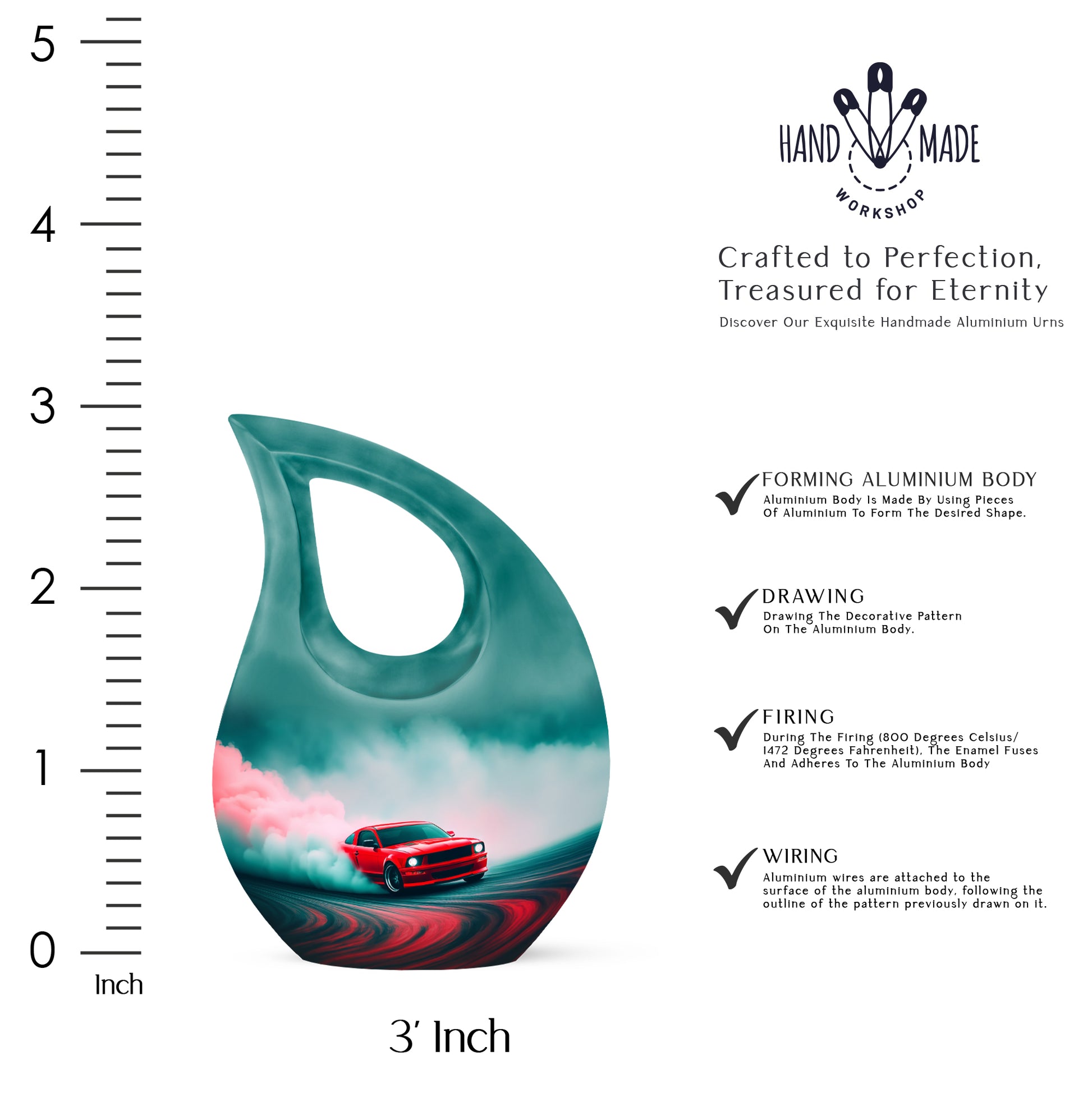 Mystic Teal Car Cremation Urn back view with polished surface - devotional cross-drop car engraving - mini keepsake memorial for portion of cremation ashes