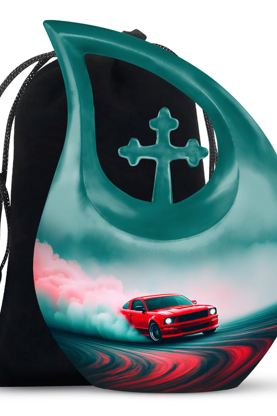 Deep Teal Car Cremation Urn top-down view of secure threaded lid - devotional cross-drop car engraving - full-size 10 inch 200 cubic inch adult cremation urn