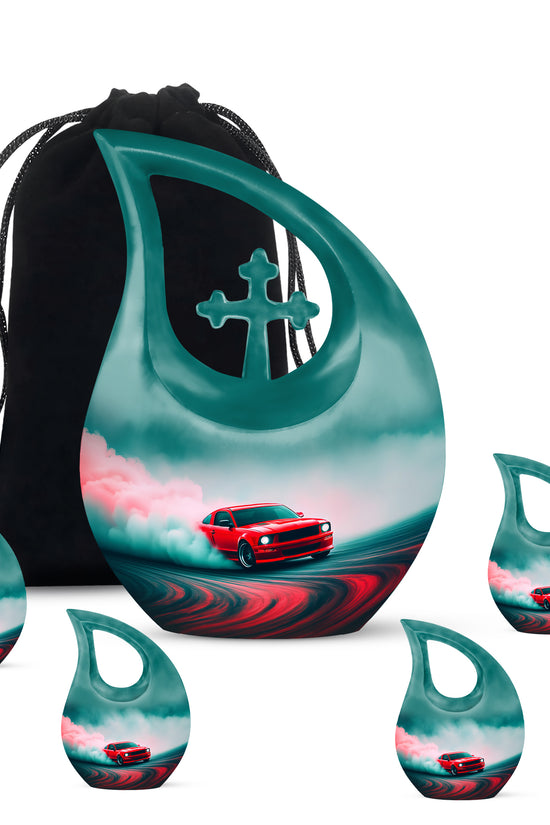 Jewel Teal Car Cremation Urn urn with complimentary velvet bag - cross and car combined in spiritual memorial design - memorial set with one large and four small urns