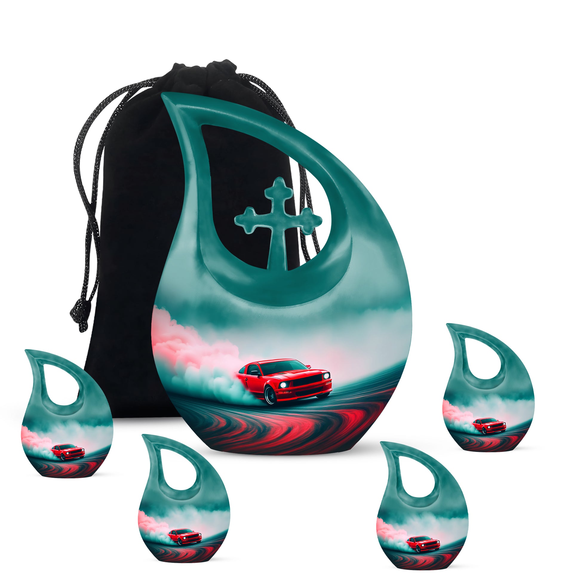 Jewel Teal Car Cremation Urn urn with complimentary velvet bag - cross and car combined in spiritual memorial design - memorial set with one large and four small urns