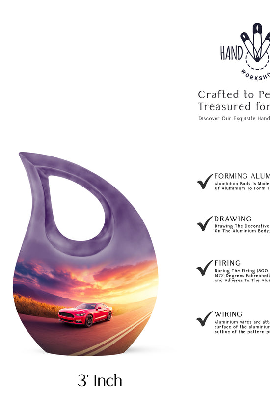 Dusty Blue Car Cremation Urn back view with polished surface - cross and car combined in spiritual memorial design - mini keepsake memorial for portion of cremation ashes