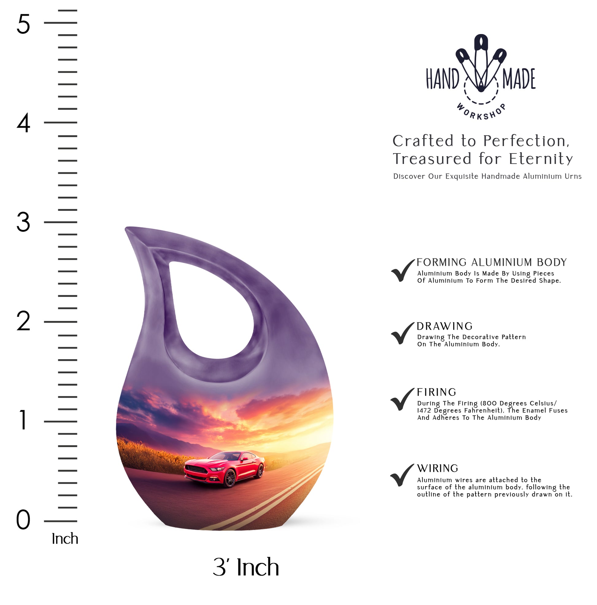 Dusty Blue Car Cremation Urn back view with polished surface - cross and car combined in spiritual memorial design - mini keepsake memorial for portion of cremation ashes