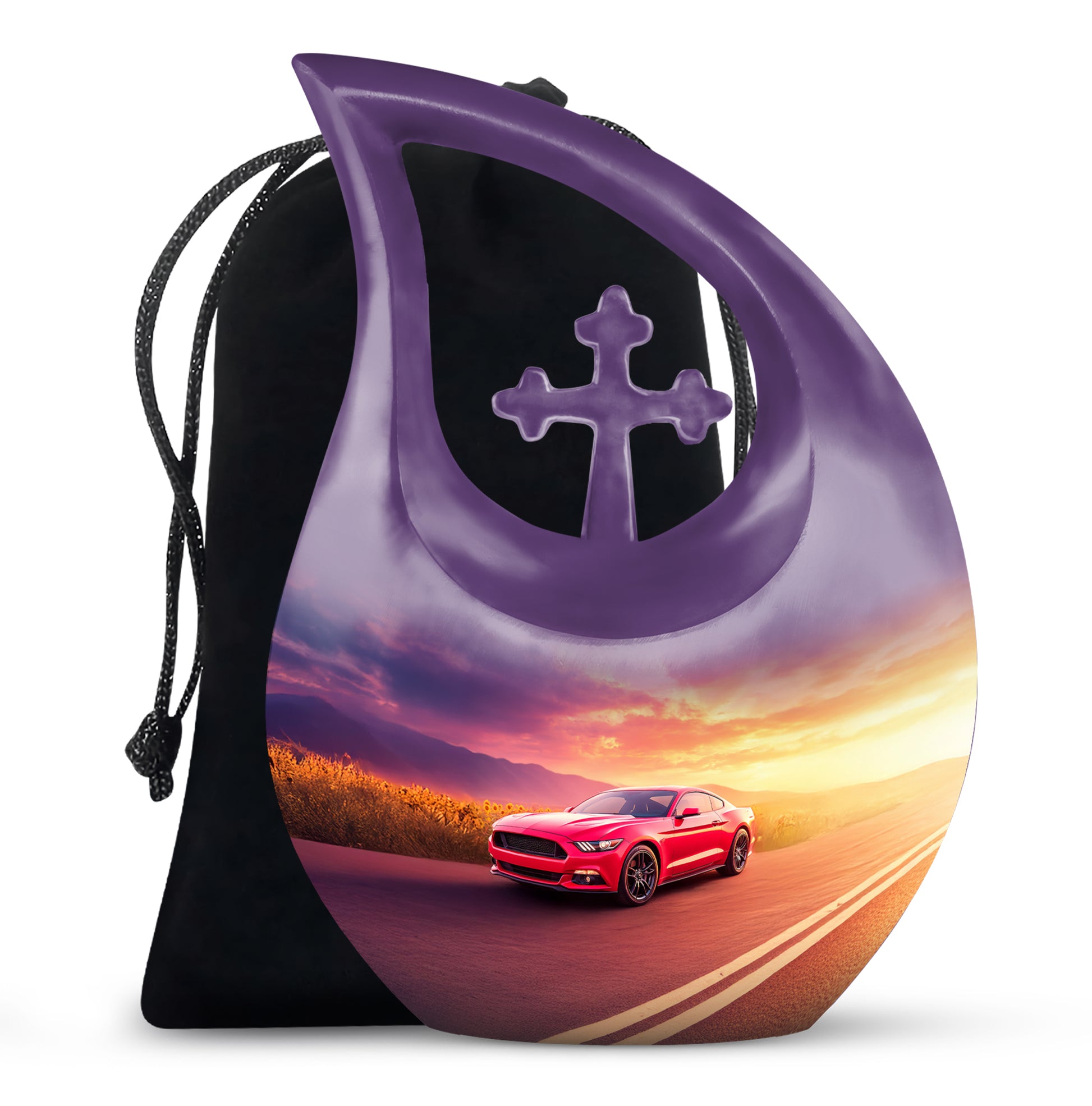Celestial Blue Car Cremation Urn top-down view of secure threaded lid - sacred cross merged with car motif on metal - full-size 10 inch 200 cubic inch adult cremation urn