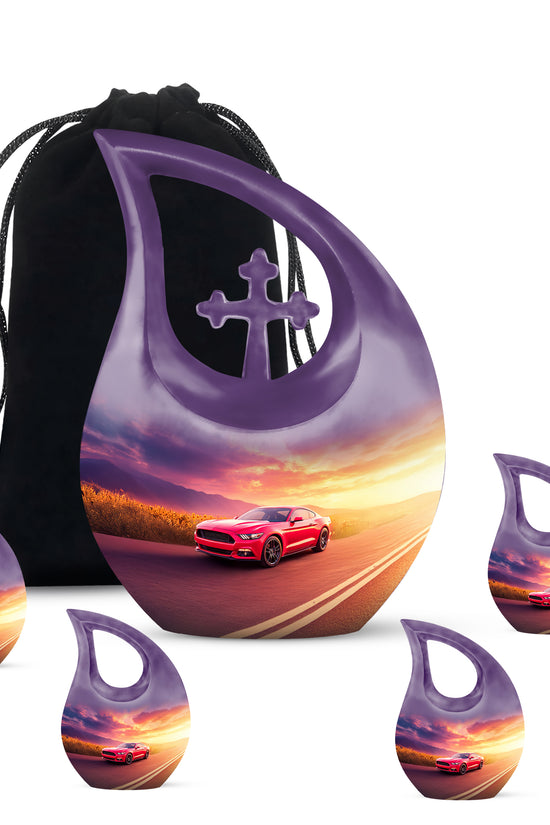 Celestial Blue Car Cremation Urn urn with complimentary velvet bag - sacred cross merged with car motif on metal - memorial set with one large and four small urns