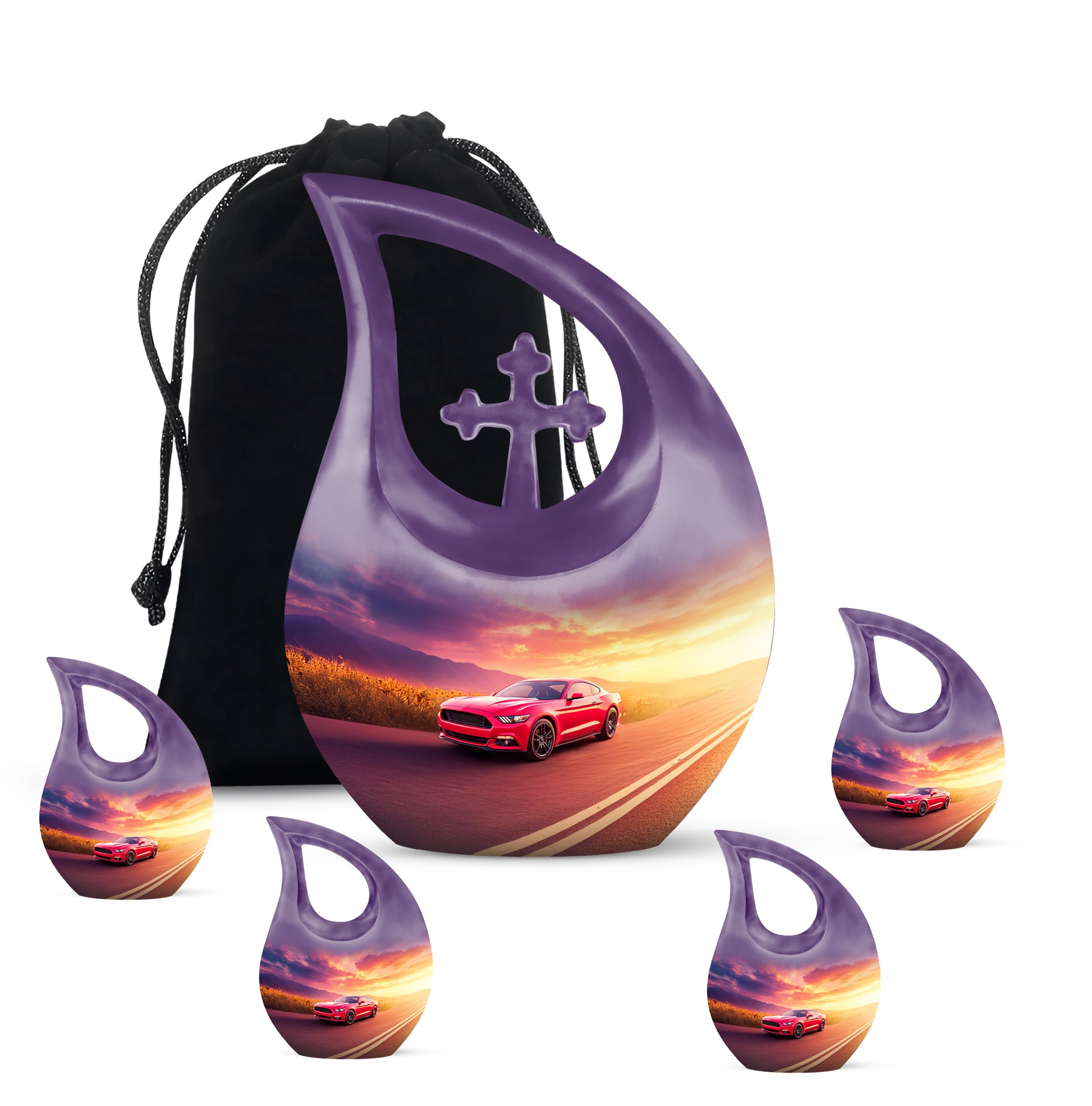 Celestial Blue Car Cremation Urn urn with complimentary velvet bag - sacred cross merged with car motif on metal - memorial set with one large and four small urns