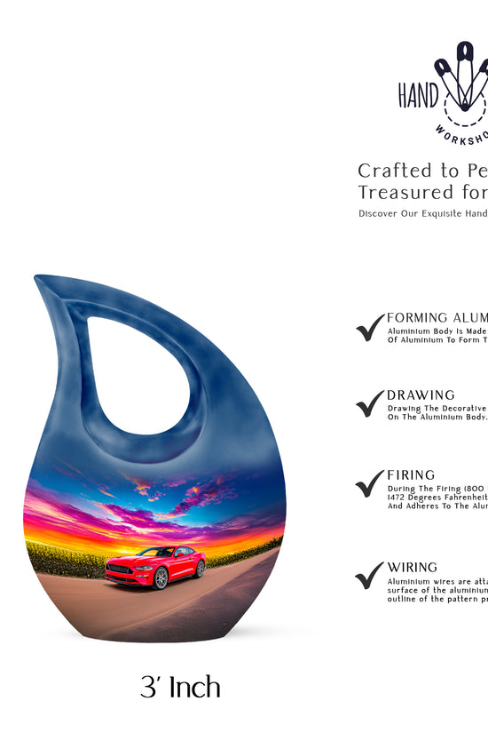 Sky Blue Car Cremation Urn back view with polished surface - cross and car combined in spiritual memorial design - mini keepsake memorial for portion of cremation ashes