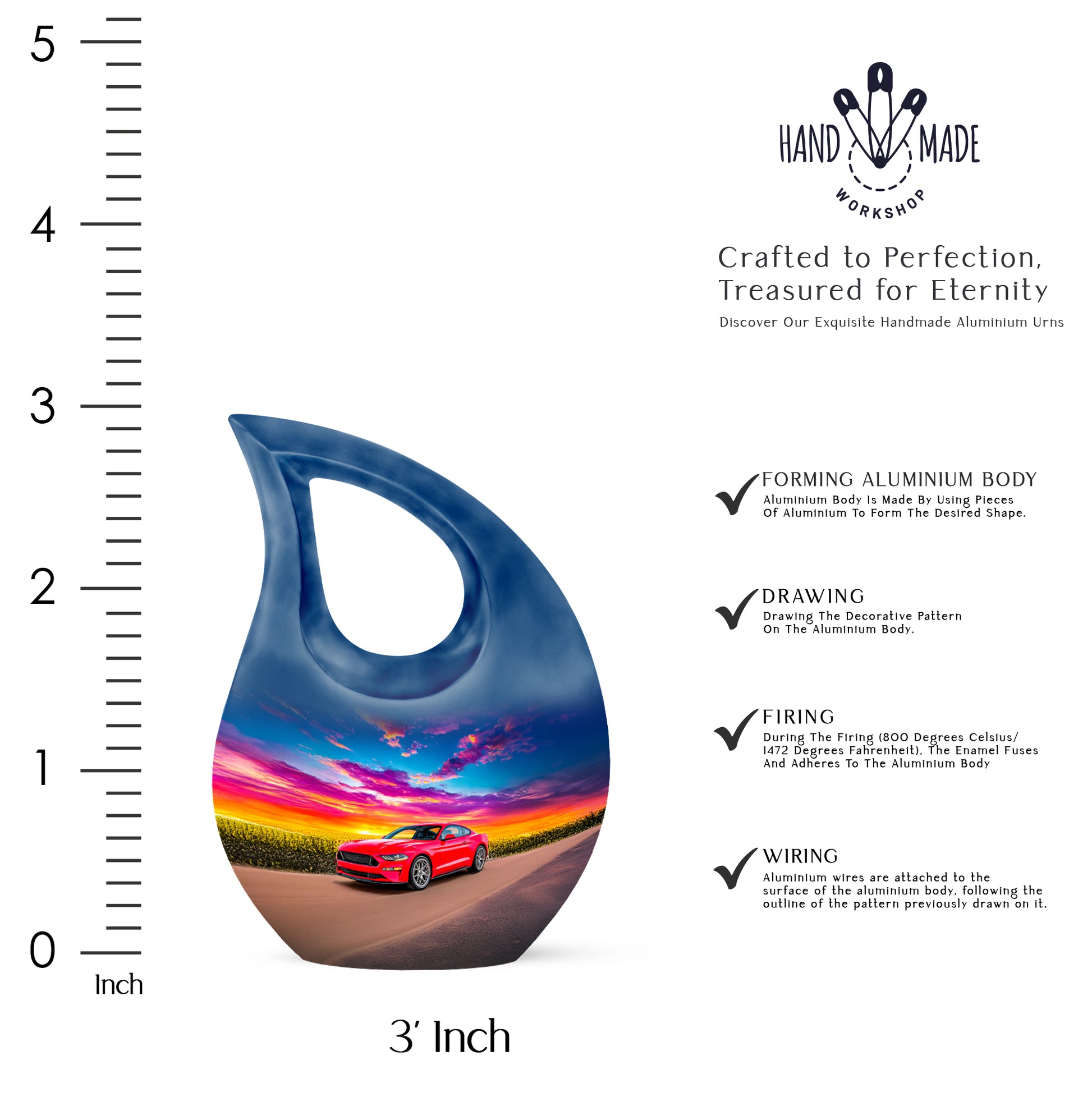 Sky Blue Car Cremation Urn back view with polished surface - cross and car combined in spiritual memorial design - mini keepsake memorial for portion of cremation ashes