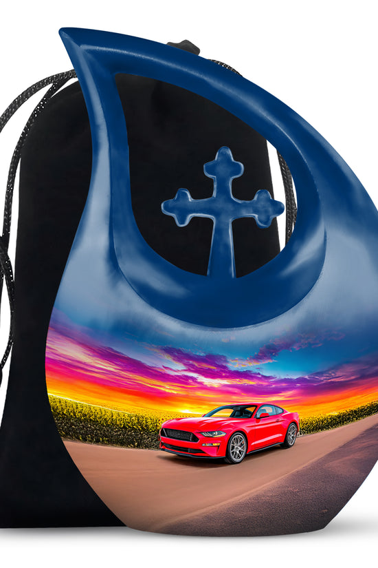 Royal Blue Car Cremation Urn top-down view of secure threaded lid - faith-inspired cross-drop urn with car pattern - full-size 10 inch 200 cubic inch adult cremation urn
