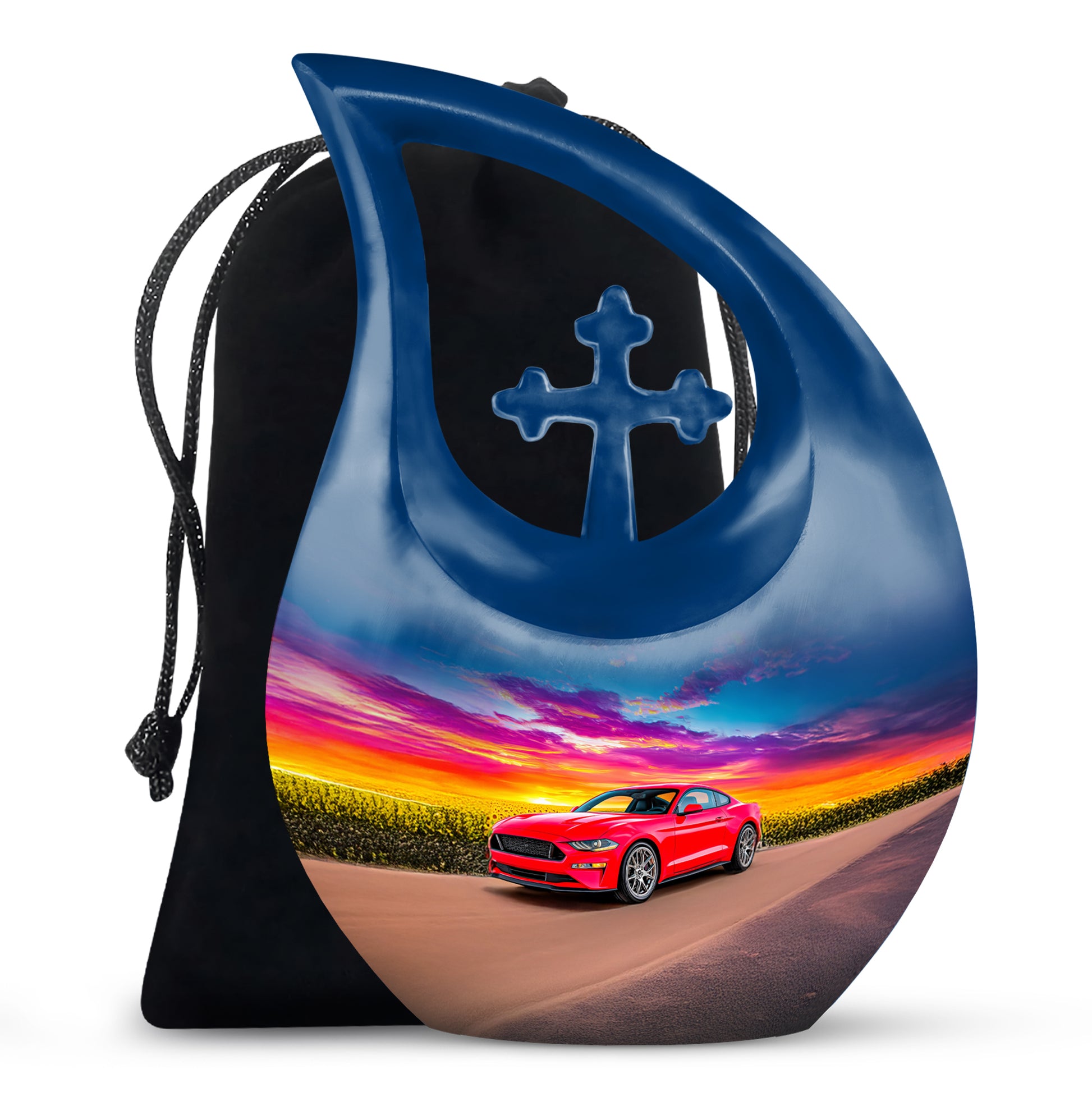 Royal Blue Car Cremation Urn top-down view of secure threaded lid - faith-inspired cross-drop urn with car pattern - full-size 10 inch 200 cubic inch adult cremation urn