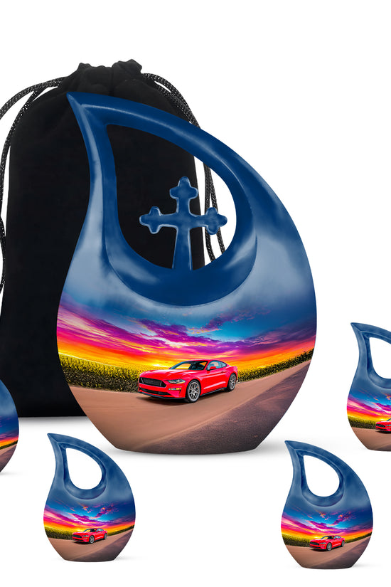 Vivid Blue Car Cremation Urn urn with complimentary velvet bag - devotional cross-drop car engraving - memorial set with one large and four small urns
