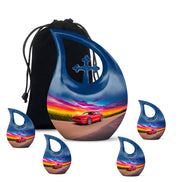 Vivid Blue Car Cremation Urn urn with complimentary velvet bag - devotional cross-drop car engraving - memorial set with one large and four small urns