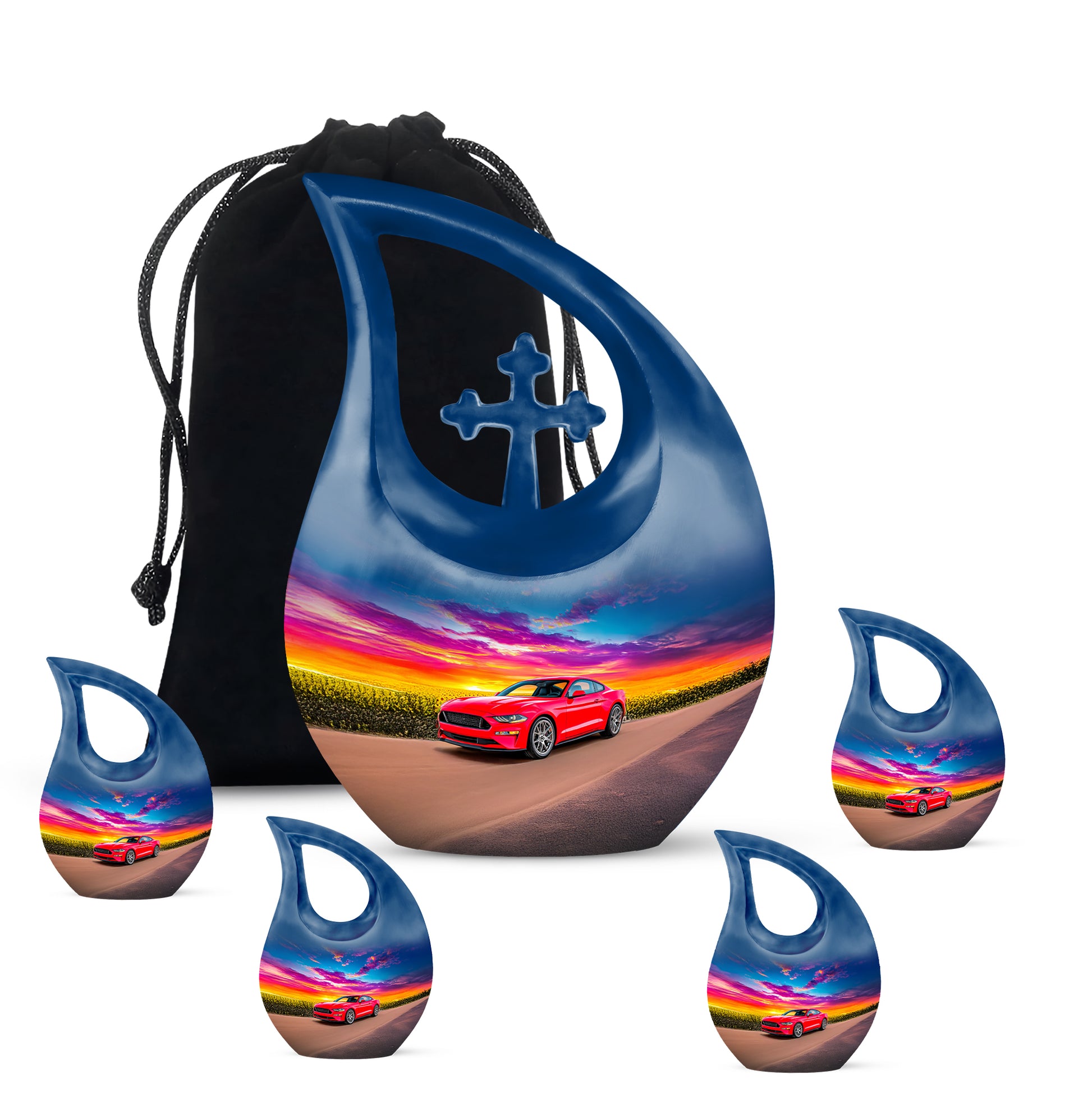 Vivid Blue Car Cremation Urn urn with complimentary velvet bag - devotional cross-drop car engraving - memorial set with one large and four small urns