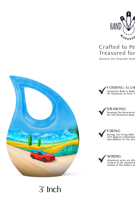 Calming Blue Car Cremation Urn back view with polished surface - devotional cross-drop car engraving - mini keepsake memorial for portion of cremation ashes