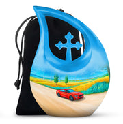 Dusty Blue Car Cremation Urn top-down view of secure threaded lid - cross and car combined in spiritual memorial design - full-size 10 inch 200 cubic inch adult cremation urn