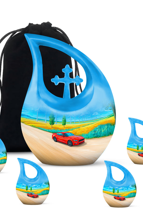Soft Blue Car Cremation Urn urn with complimentary velvet bag - devotional cross-drop car engraving - memorial set with one large and four small urns
