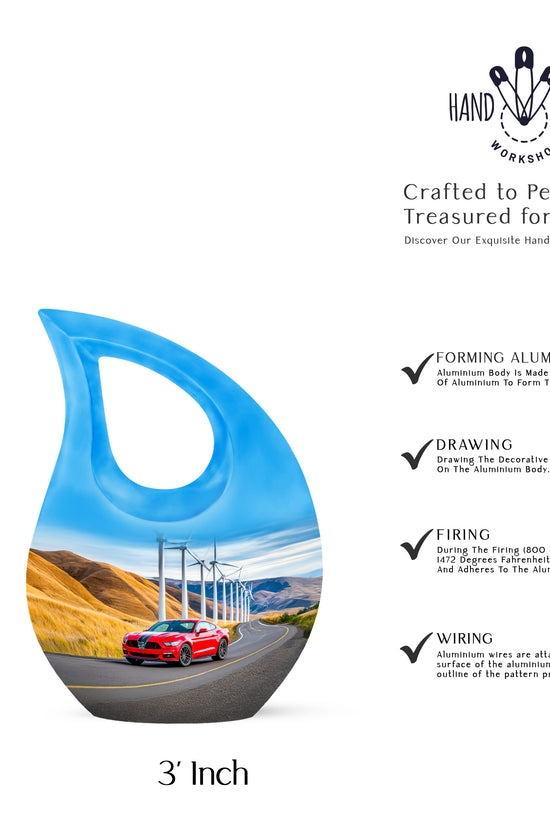 Cornflower Blue Car Cremation Urn back view with polished surface - faith-inspired cross-drop urn with car pattern - mini keepsake memorial for portion of cremation ashes