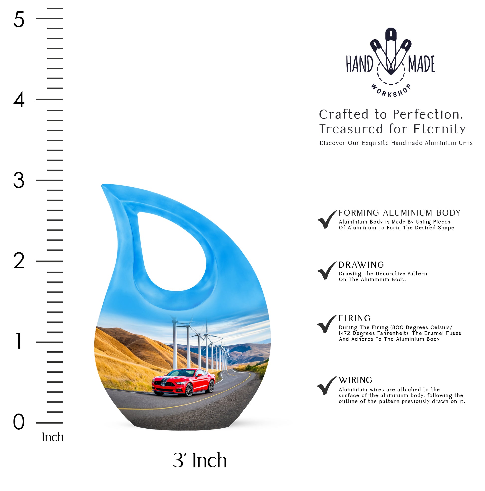 Cornflower Blue Car Cremation Urn back view with polished surface - faith-inspired cross-drop urn with car pattern - mini keepsake memorial for portion of cremation ashes