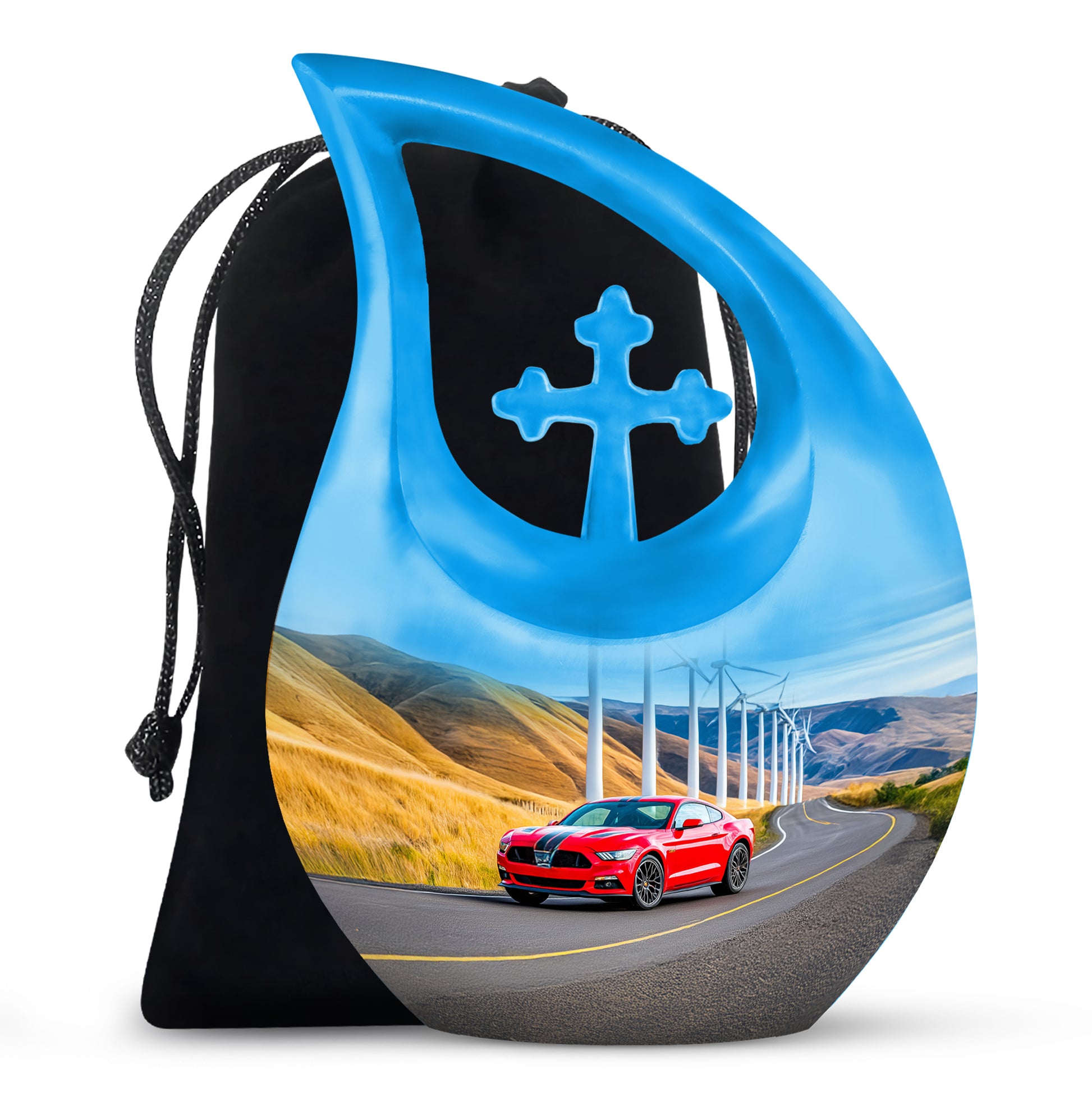 Indigo Car Cremation Urn top-down view of secure threaded lid - cross and car combined in spiritual memorial design - full-size 10 inch 200 cubic inch adult cremation urn