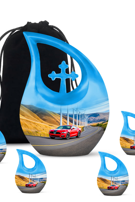 Azure Car Cremation Urn urn with complimentary velvet bag - sacred cross merged with car motif on metal - memorial set with one large and four small urns