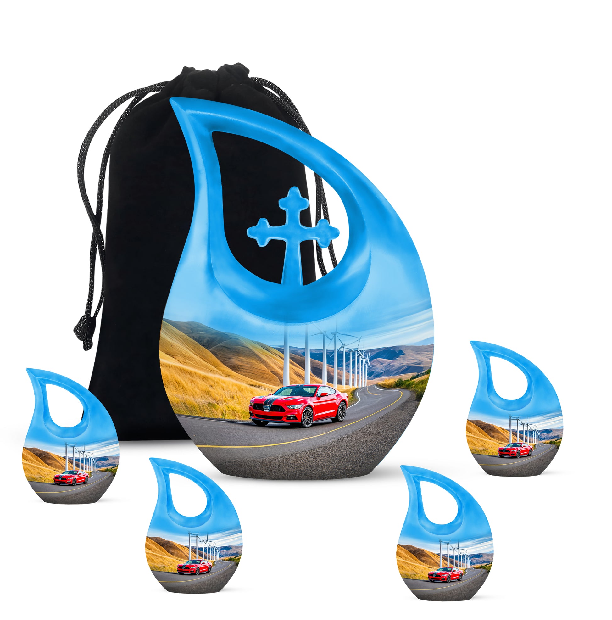 Azure Car Cremation Urn urn with complimentary velvet bag - sacred cross merged with car motif on metal - memorial set with one large and four small urns