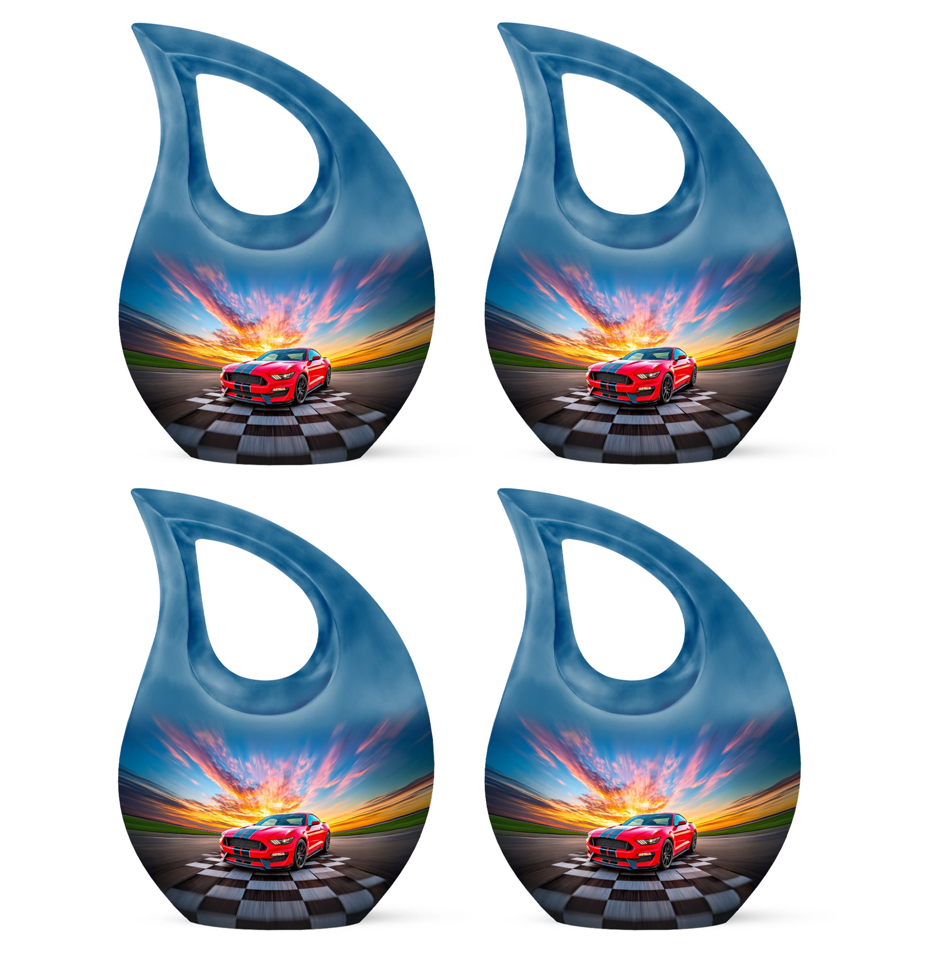 Dusty Blue Car Cremation Urn lifestyle display on memorial shelf - cross and car combined in spiritual memorial design - 10 inch aluminum urn for cremated remains