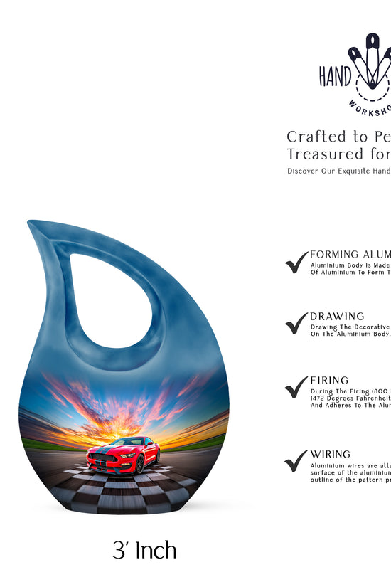 Powder Blue Car Cremation Urn back view with polished surface - cross and car combined in spiritual memorial design - mini keepsake memorial for portion of cremation ashes