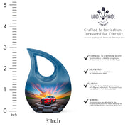Powder Blue Car Cremation Urn back view with polished surface - cross and car combined in spiritual memorial design - mini keepsake memorial for portion of cremation ashes