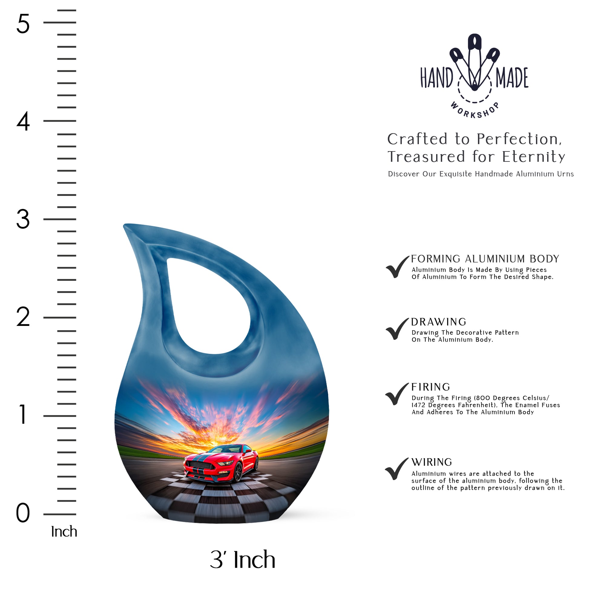 Powder Blue Car Cremation Urn back view with polished surface - cross and car combined in spiritual memorial design - mini keepsake memorial for portion of cremation ashes