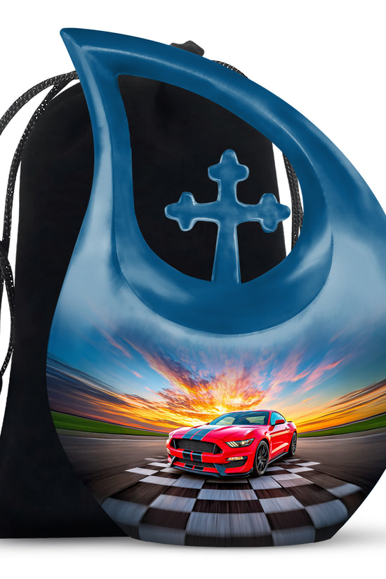 Celestial Blue Car Cremation Urn top-down view of secure threaded lid - sacred cross merged with car motif on metal - full-size 10 inch 200 cubic inch adult cremation urn