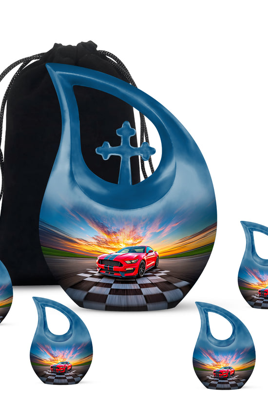 Pastel Blue Car Cremation Urn urn with complimentary velvet bag - cross and car combined in spiritual memorial design - memorial set with one large and four small urns