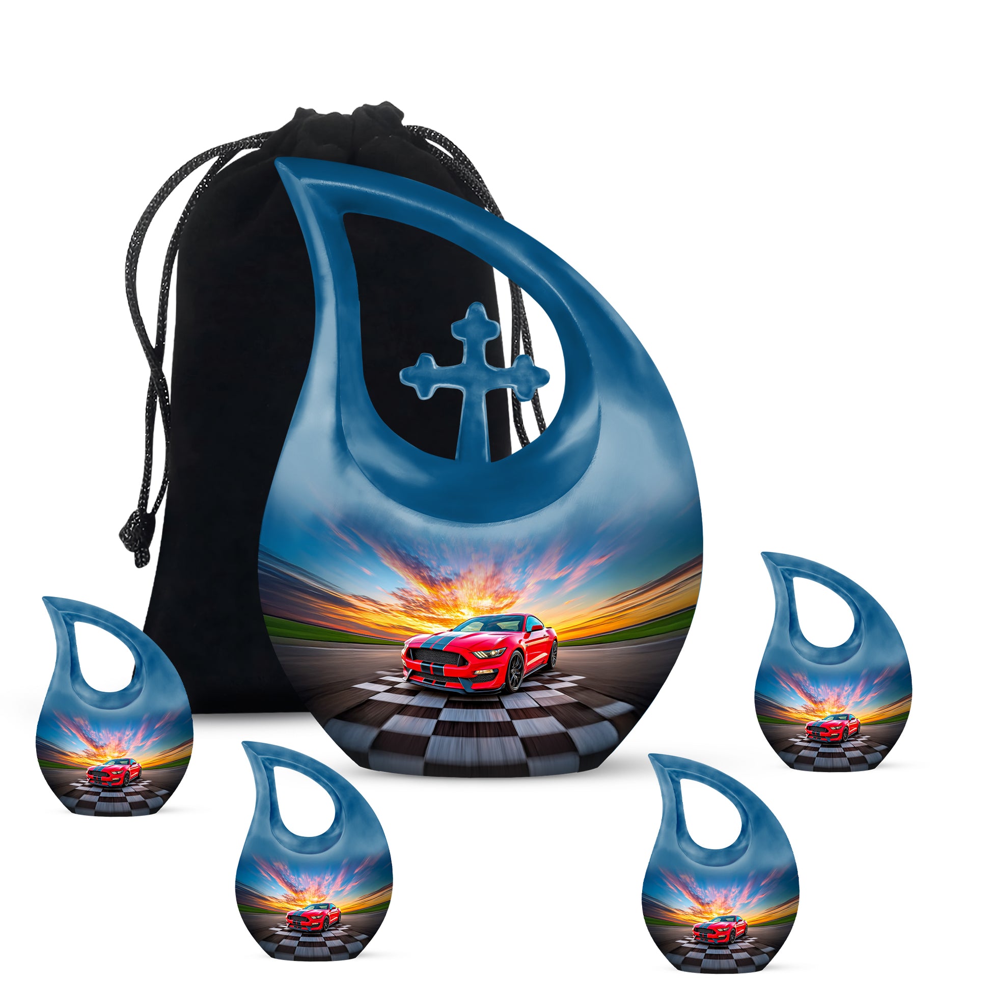Pastel Blue Car Cremation Urn urn with complimentary velvet bag - cross and car combined in spiritual memorial design - memorial set with one large and four small urns