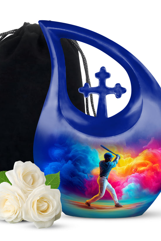 Azure Baseball Cremation Urn top-down view of secure threaded lid - cross and baseball combined in spiritual memorial design - full-size 10 inch 200 cubic inch adult cremation urn