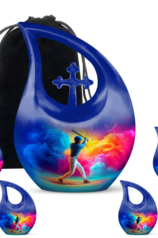Serene Blue Baseball Cremation Urn urn with complimentary velvet bag - faith-inspired cross-drop urn with baseball pattern - memorial set with one large and four small urns