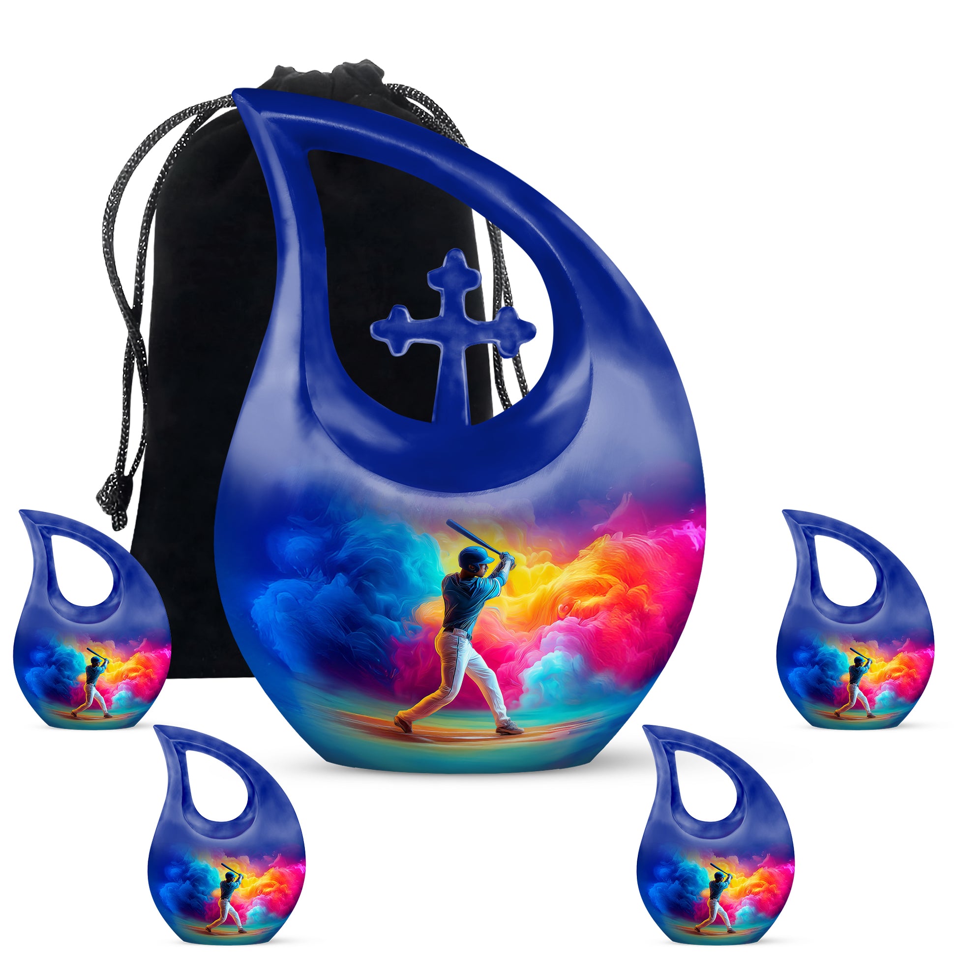 Serene Blue Baseball Cremation Urn urn with complimentary velvet bag - faith-inspired cross-drop urn with baseball pattern - memorial set with one large and four small urns