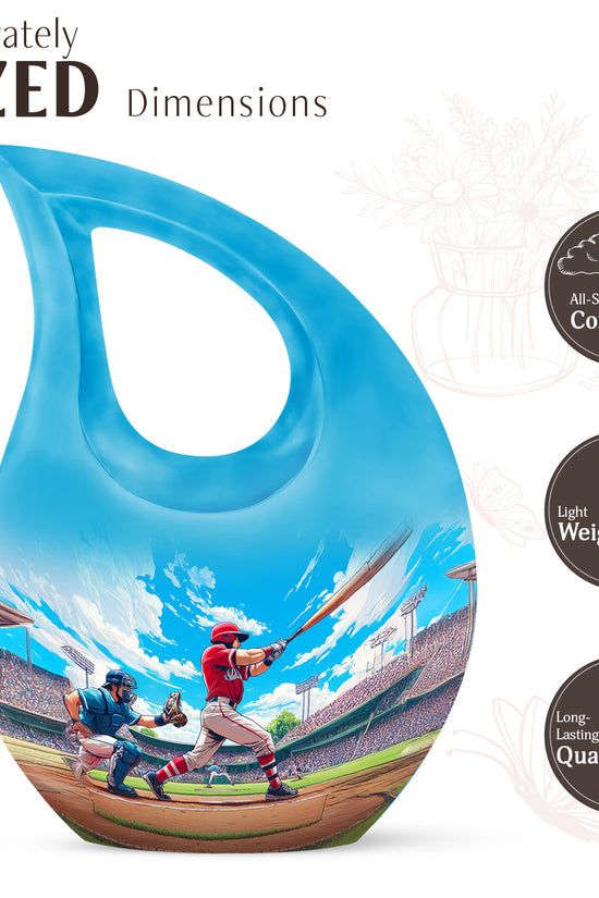 Cornflower Blue Baseball Cremation Urn back view with polished surface - devotional cross-drop baseball engraving - mini keepsake memorial for portion of cremation ashes