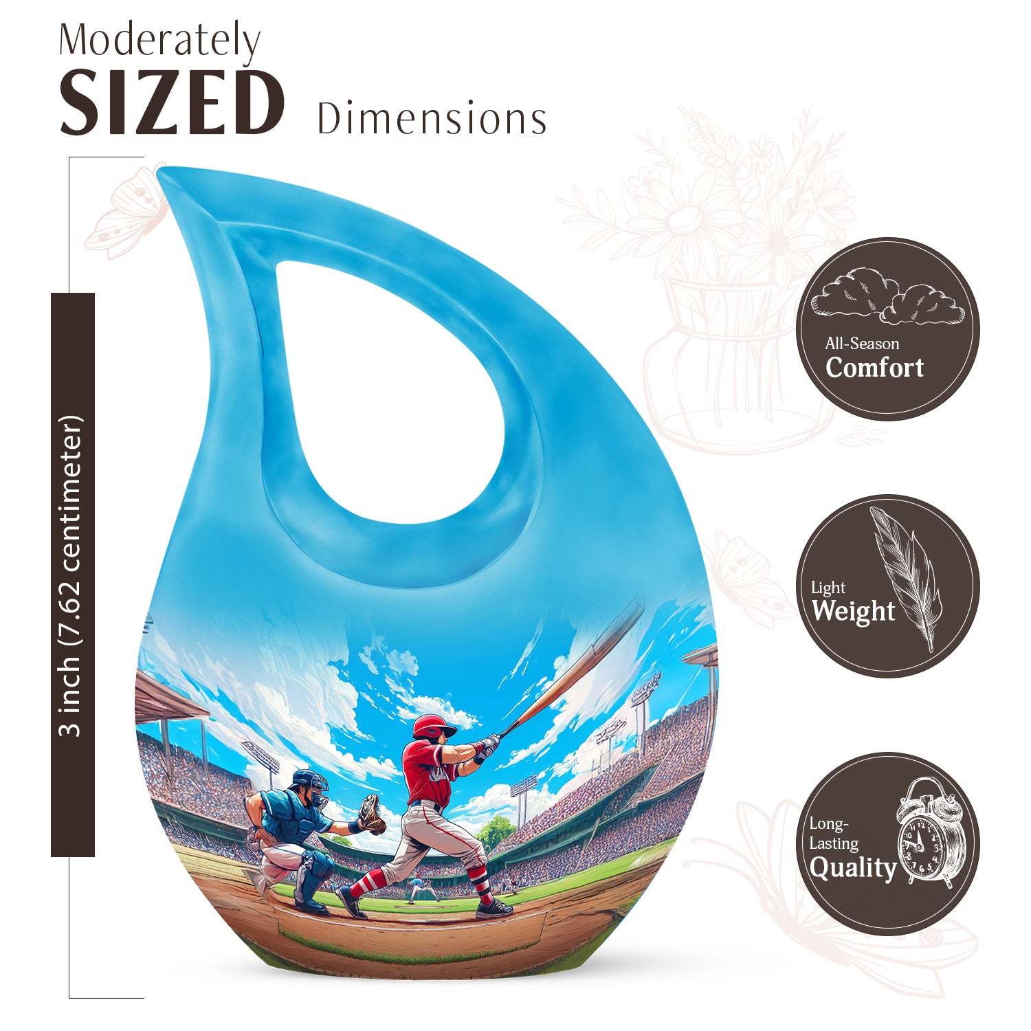 Cornflower Blue Baseball Cremation Urn back view with polished surface - devotional cross-drop baseball engraving - mini keepsake memorial for portion of cremation ashes