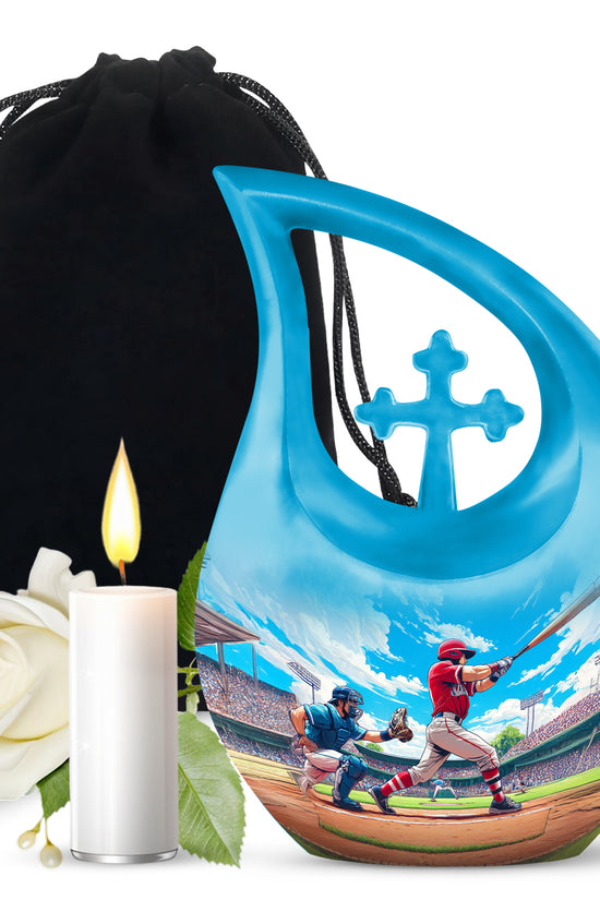 Cobalt Blue Baseball Cremation Urn top-down view of secure threaded lid - faith-inspired cross-drop urn with baseball pattern - full-size 10 inch 200 cubic inch adult cremation urn