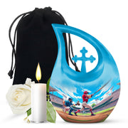 Cobalt Blue Baseball Cremation Urn top-down view of secure threaded lid - faith-inspired cross-drop urn with baseball pattern - full-size 10 inch 200 cubic inch adult cremation urn